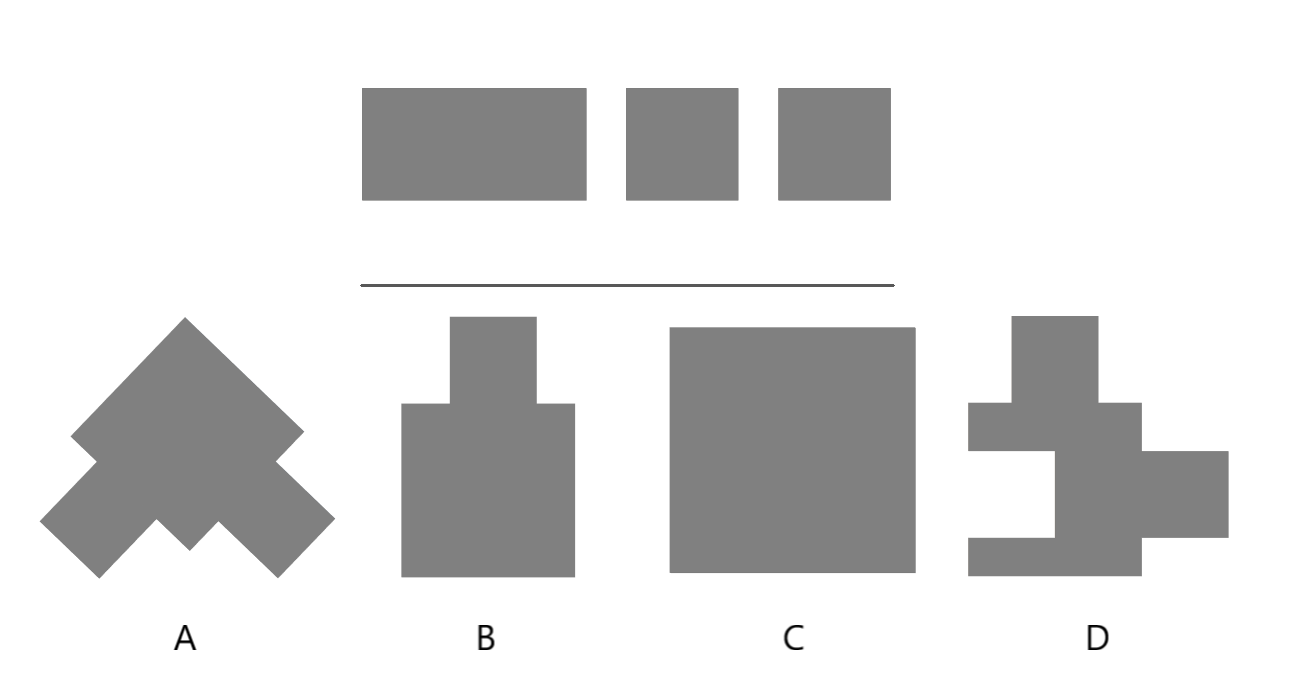 Three flat pieces above a line, with four candidate shapes A to D below