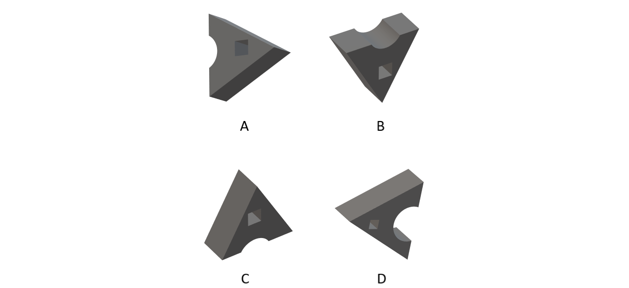 Four 3D objects labelled A to D, each rotated differently